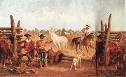 James Walker Vaqueros roping horses in a corral painting